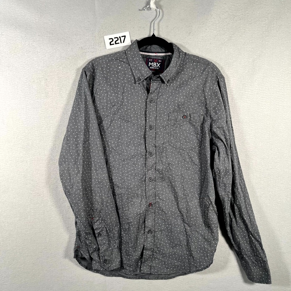 MBX Shirt Mens Medium Gray White Polka‎ Dot Slim Fit Button Down Casual Outdoor